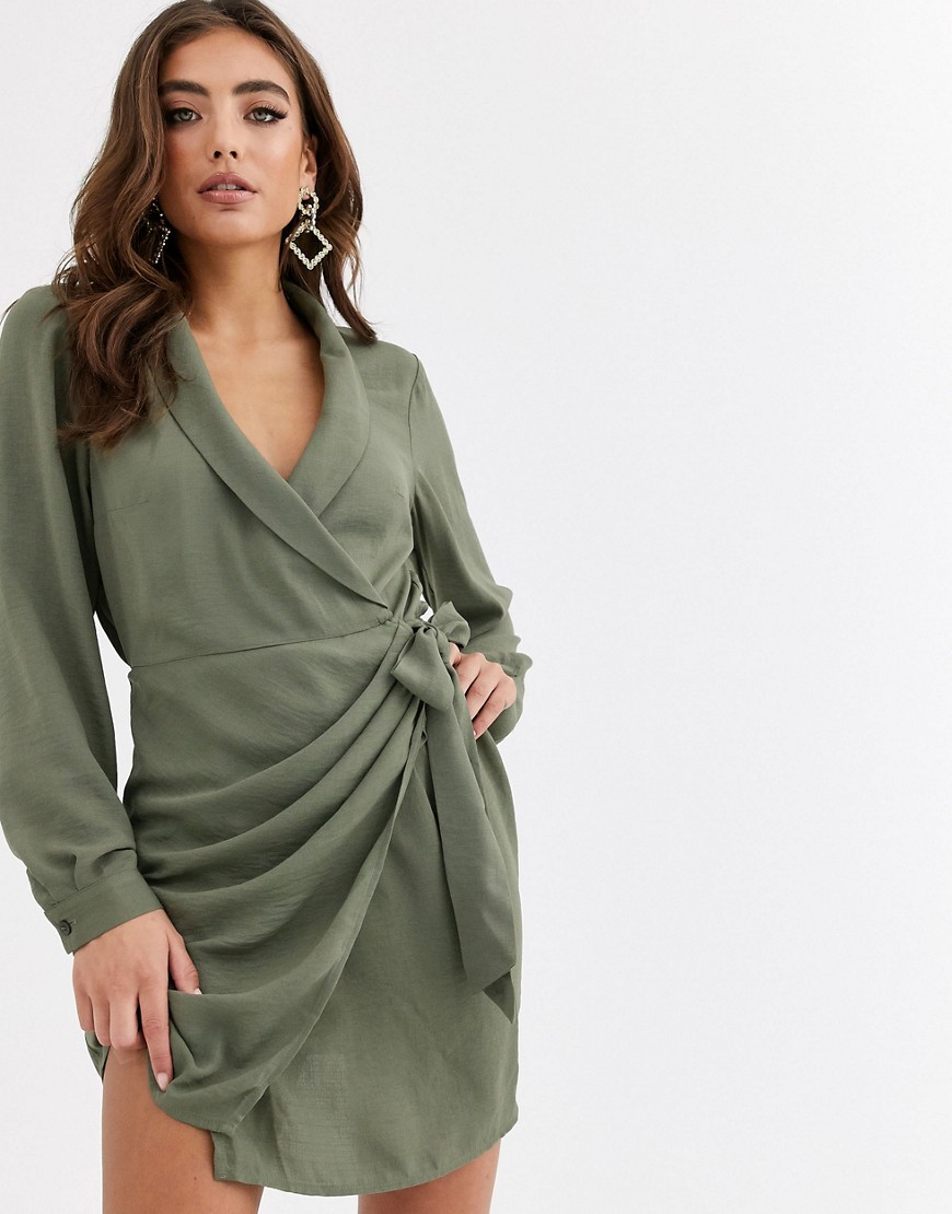 ASOS DESIGN collared wrap mini dress in khaki-Green