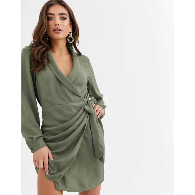 ASOS Petite ASOS DESIGN Petite short sleeve high neck drape wrap front mini  dress in khaki - ShopStyle