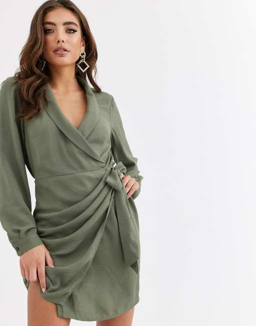 ASOS DESIGN collared wrap mini dress in khaki | ASOS