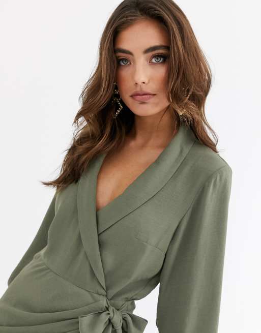 ASOS DESIGN collared wrap mini dress in khaki ASOS