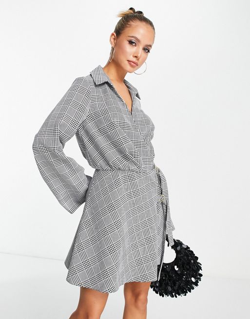 FhyzicsShops DESIGN collared wrap mini dress with D-ring tie detail in mono check 