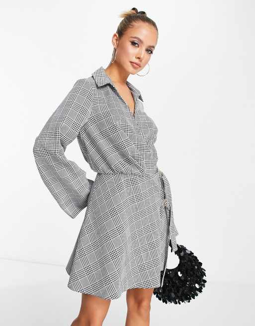 ASOS DESIGN collared wrap mini dress with D-ring tie detail in mono ...