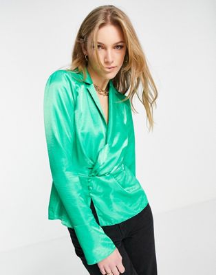 ASOS DESIGN collared wrap top with button side detail in bright green