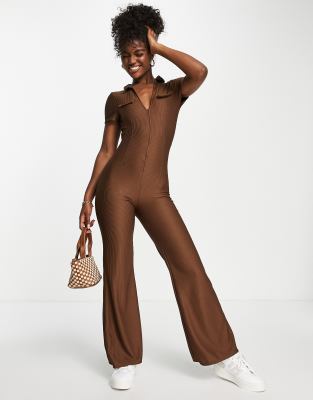 Asos Design Collared Zip Front 70s Jumpsuit In Brown In Brown