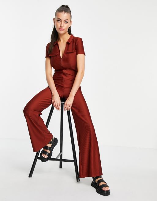 ASOS Studio Happy ASOS DESIGN twill retro monogram kick flare jumpsuit in  brown - ShopStyle