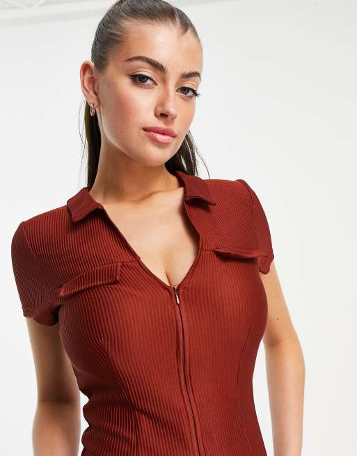 ASOS DESIGN collared zip front 70s jumpsuit in brown, 3 of 4