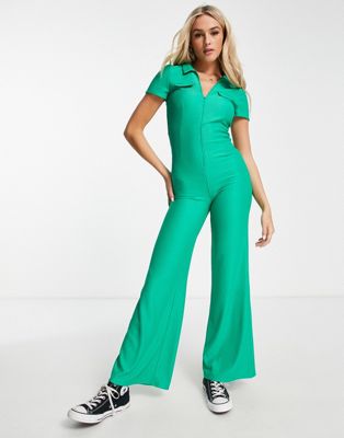 ASOS DESIGN collared zip front 70s rib jumpsuit in bright green | ASOS