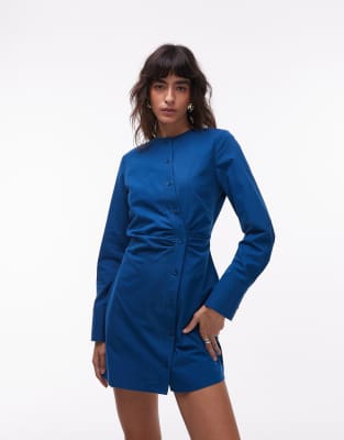 Asos Design Collarless Asymmetric Shirt Dress In Blue