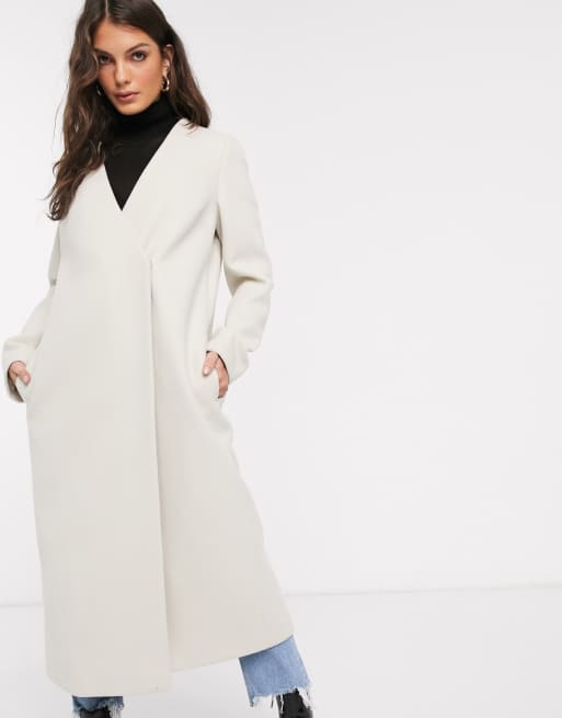 ASOS DESIGN collarless belted coat in cream