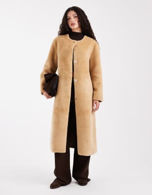 Asos Design Collarless Bonded Faux Fur Coat In Brown