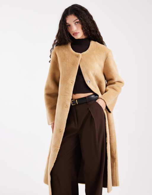 ASOS DESIGN collarless bonded faux fur coat in cookie