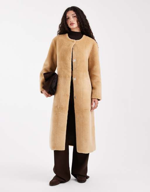ASOS DESIGN collarless bonded fur coat in biscuit, 2 of 5