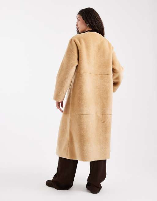 ASOS DESIGN collarless bonded fur coat in biscuit, 5 of 5