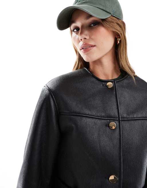 ASOS DESIGN collarless borg bonded jacket in black