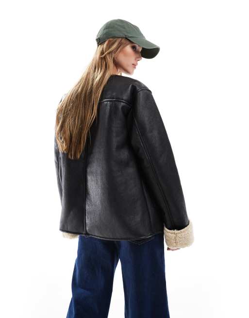 ASOS DESIGN collarless borg bonded jacket in black
