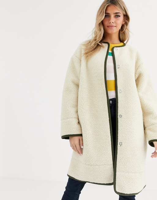 ASOS DESIGN collarless borg coat with seam detail in cream | ASOS