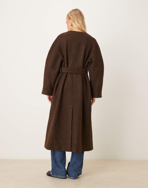 ASOS DESIGN collarless boucle longline formal coat in bitter chocolate