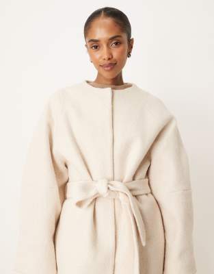 Asos Design Collarless Boucle Longline Formal Coat In Neutral