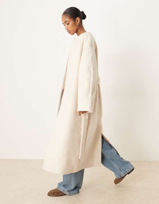 ASOS DESIGN collarless boucle longline formal coat in oatmeal