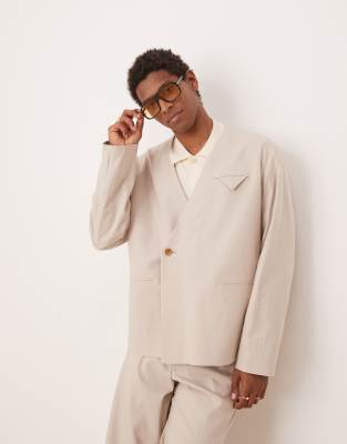 Asos Design Collarless Boxy Linen Blend Suit Jacket In Neutral