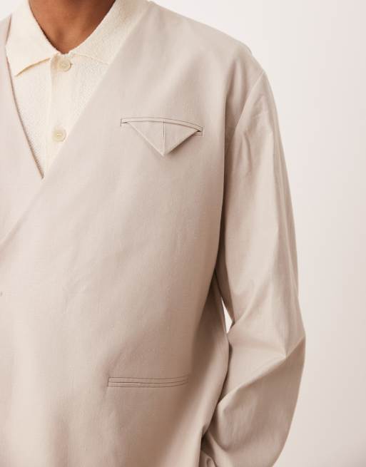 ASOS DESIGN - Veste de costume coupe carrée sans col en lin mélangé - Taupe
