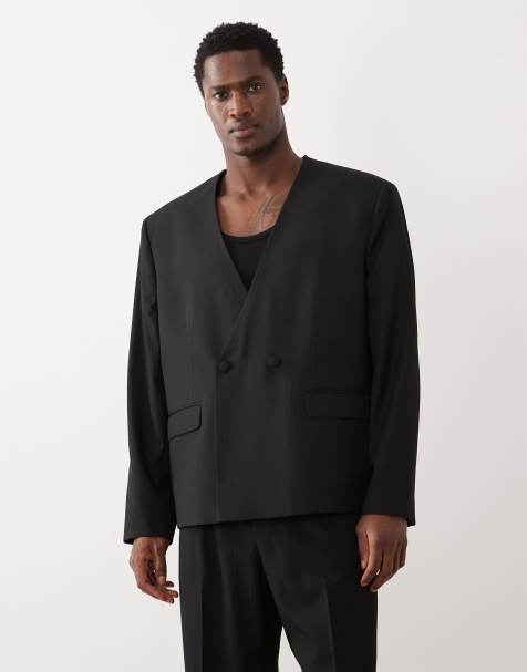 ASOS DESIGN collarless boxy suit jacket in black - view 1