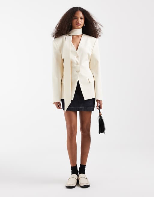 ASOS DESIGN collarless button up cinch blazer in stone, 2 of 4