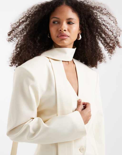 ASOS DESIGN collarless button up cinch blazer in stone, 3 of 4