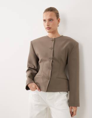 Asos Design Collarless Button Up Cinched Blazer-brown