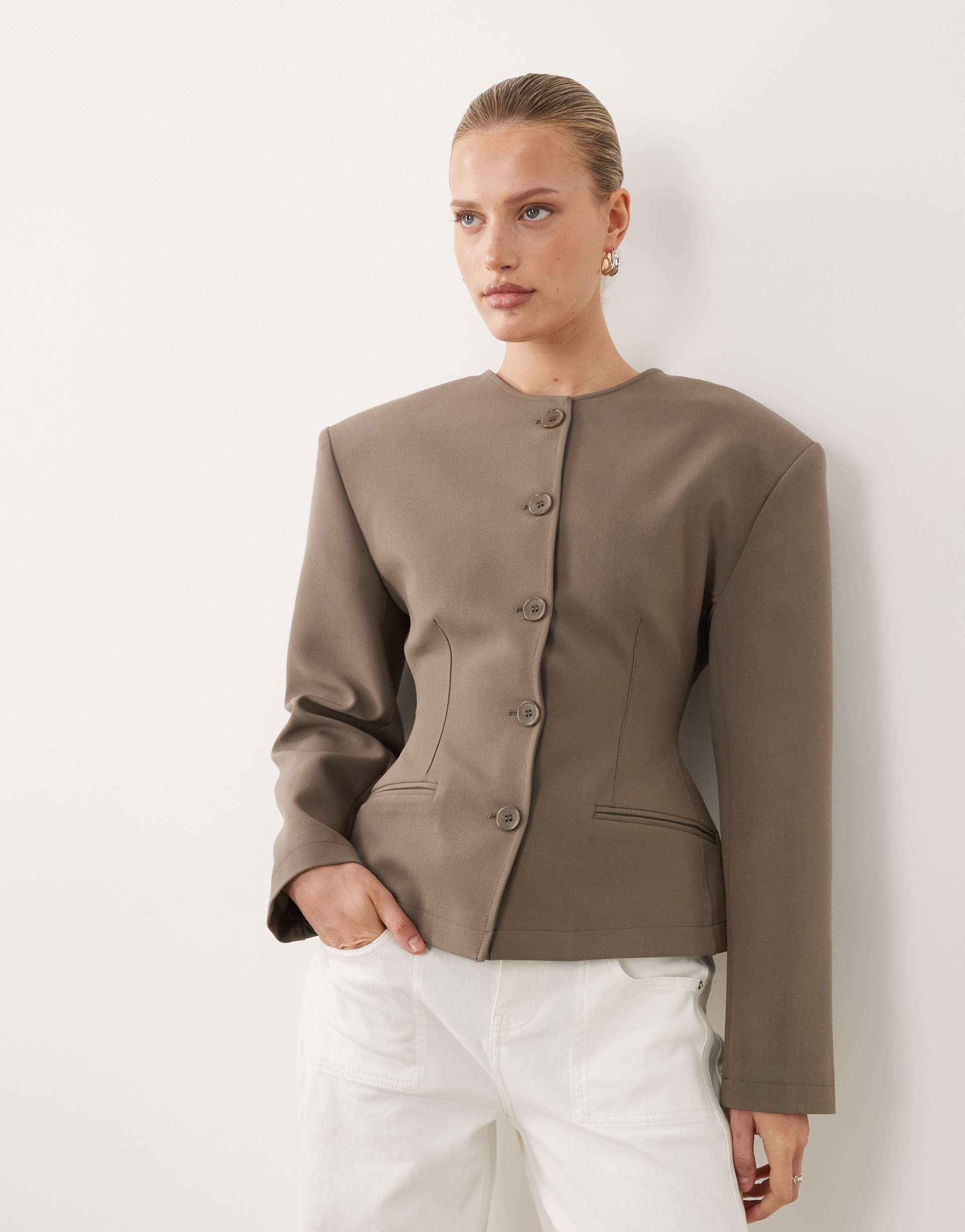 asos design collarless button up cinched blazer