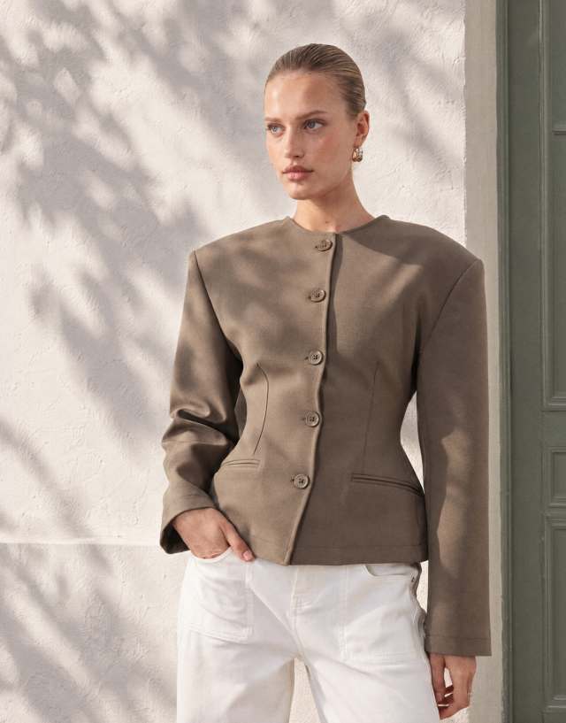 ASOS DESIGN collarless button up cinched blazer