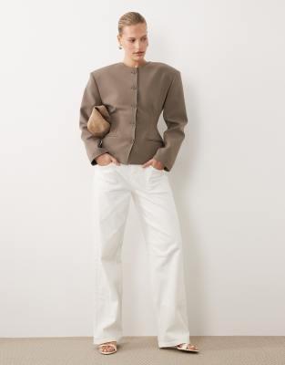 Asos Design Collarless Button Up Cinched Blazer-brown In Brown