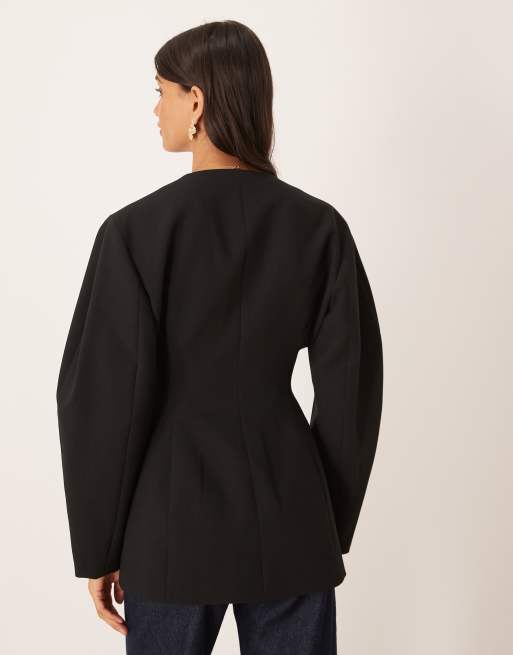 ASOS DESIGN collarless cinch waist blazer in black, 4 of 4