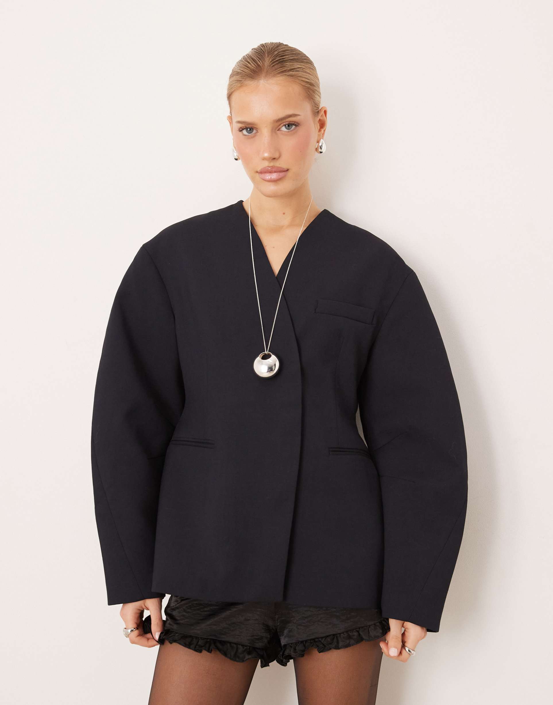 asos design collarless cinch waist blazer in navy