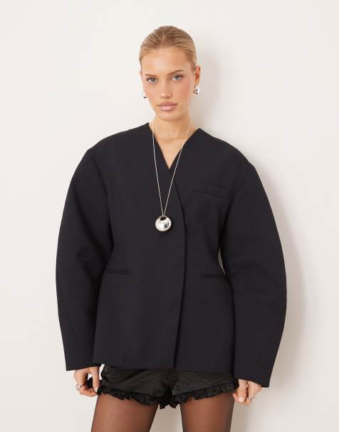 ASOS DESIGN collarless cinch waist blazer in navy