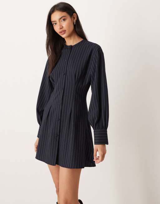 ASOS DESIGN collarless cinched shirt dress in black and white stripe, 4 of 4