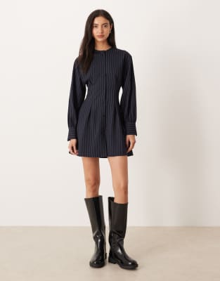 ASOS DESIGN collarless cinched shirt dress in black and white stripes
