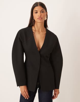 Asos Design Collarless Cinched Waist Blazer In Black