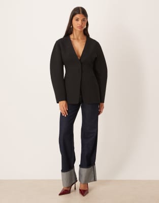 Asos Design Collarless Cinched Waist Blazer In Black