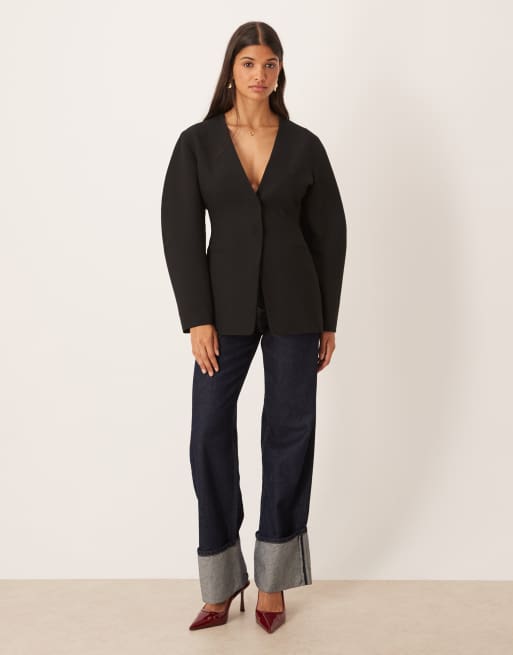 ASOS DESIGN collarless cinched waist blazer in black, 2 of 4