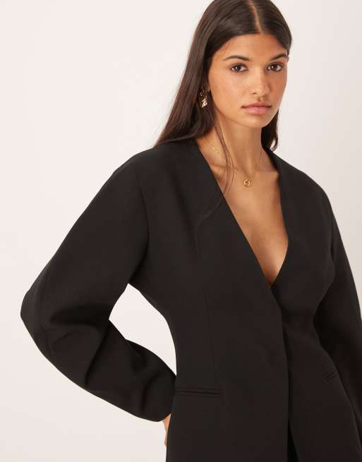 ASOS DESIGN collarless cinched waist blazer in black, 3 of 4