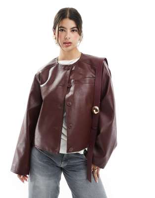 collarless clean leather look jacket in burgundy-Red