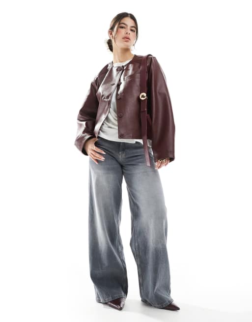 ASOS DESIGN collarless clean leather look jacket in burgundy