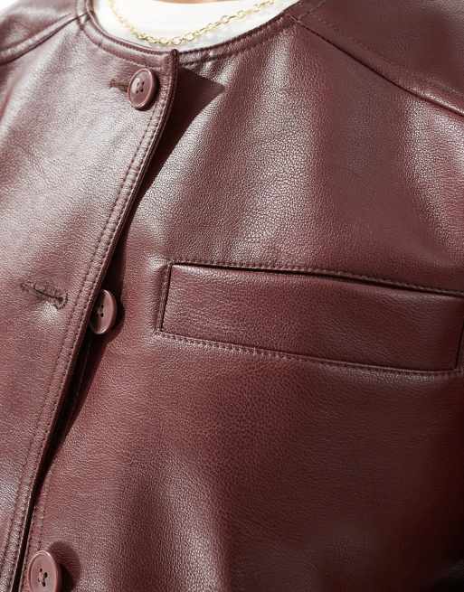 ASOS DESIGN collarless clean leather look jacket in burgundy