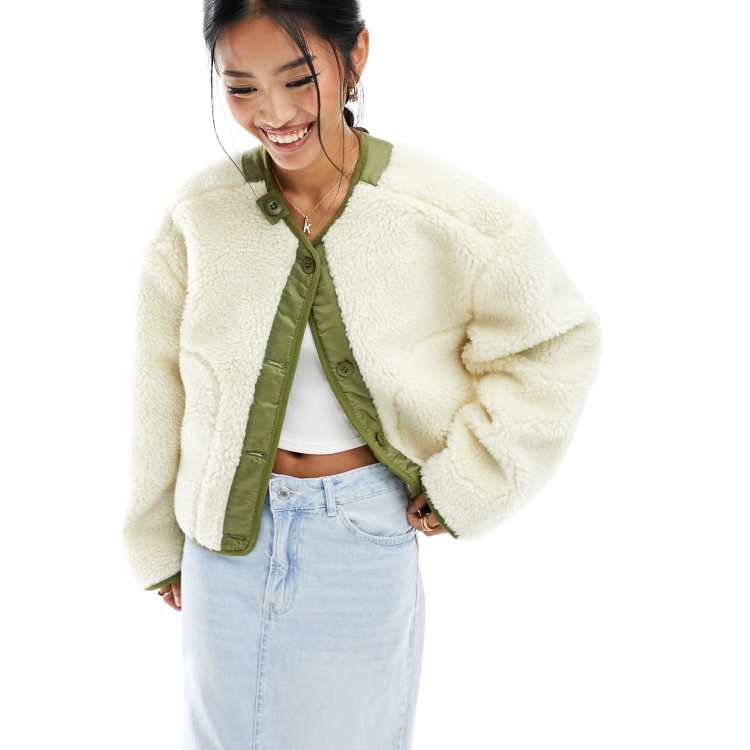 ASOS DESIGN collarless cropped borg fleece jacket in khaki with contrast  lining