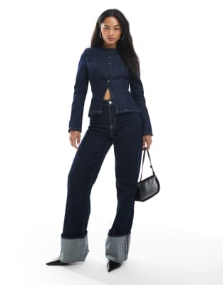 Asos Design Collarless Denim Jacket With Shoulder Pads And Cinched Waist In Blue