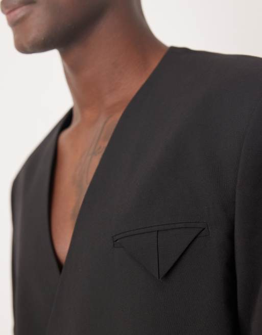 ASOS DESIGN collarless double breasted boxy suit jacket in black