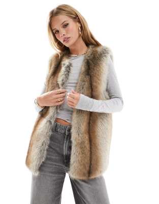 collarless faux fur vest in tipped brown