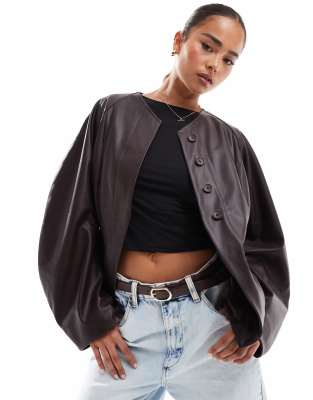 ASOS DESIGN collarless faux leather blazer with extreme sleeves in chocolate-Brown