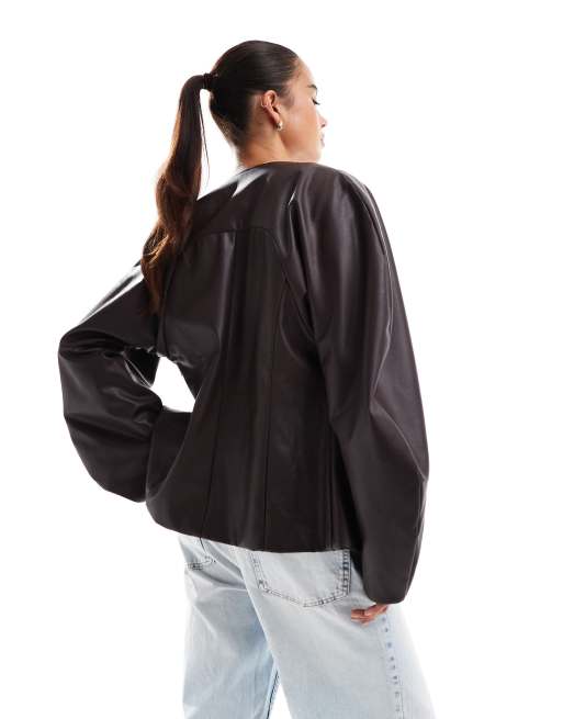 ASOS DESIGN collarless faux leather blazer with extreme sleeves in chocolate, 2 of 4